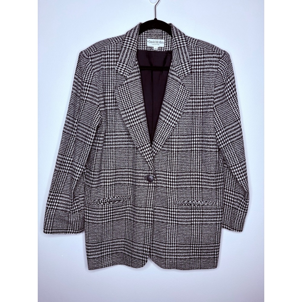 David Hollis Houndstooth Wool Blend Blazer Jacket Black White Sz‎ 12 Vintage 80s